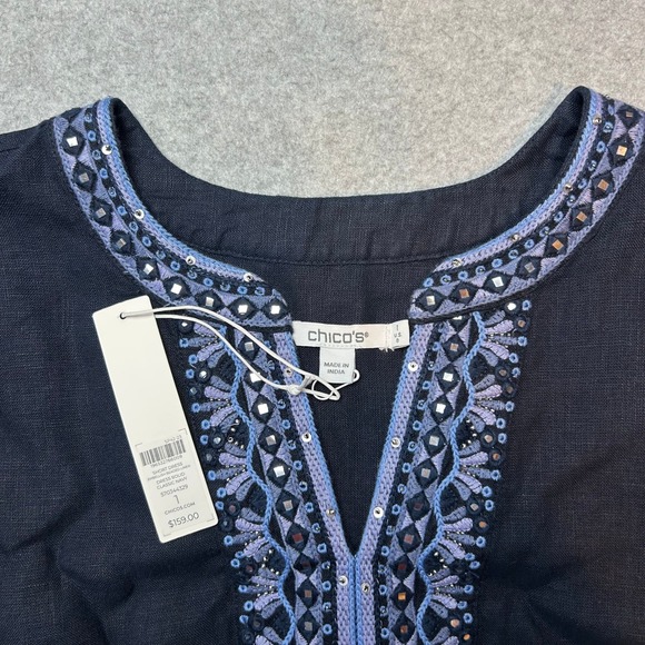 Chicos Linen Tunic Dress Navy Blue Beaded Embroidered 3/4 Sleeve Size 1 US 8 NWT - Picture 10 of 15